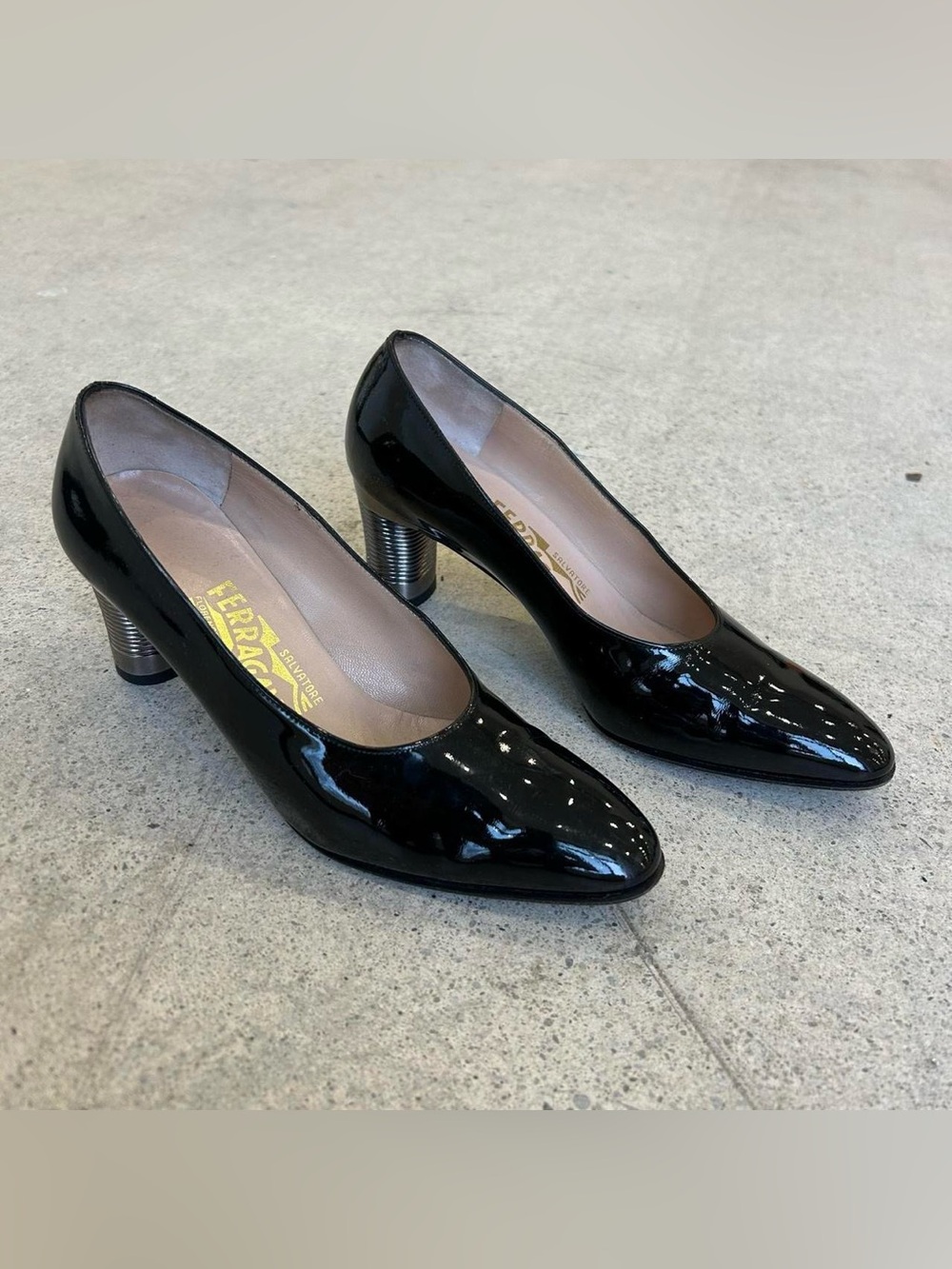 Salvatore Ferragamo Black Patent Leather Heel Pumps